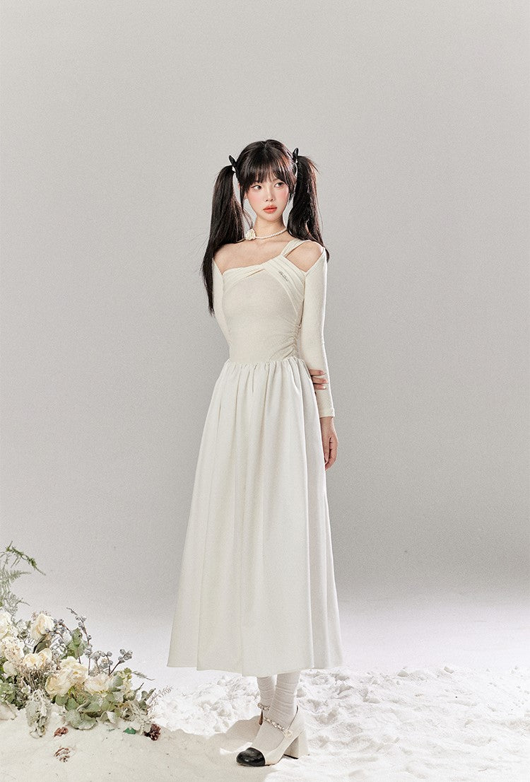 French White Hollow Design Knitted Long Dress TBI0048