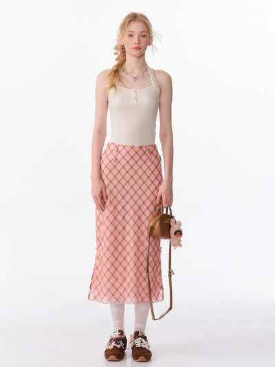 American Retro High Waist Pink And Brown Plaid Fishtail Mid-length Skirt ZIZ0106