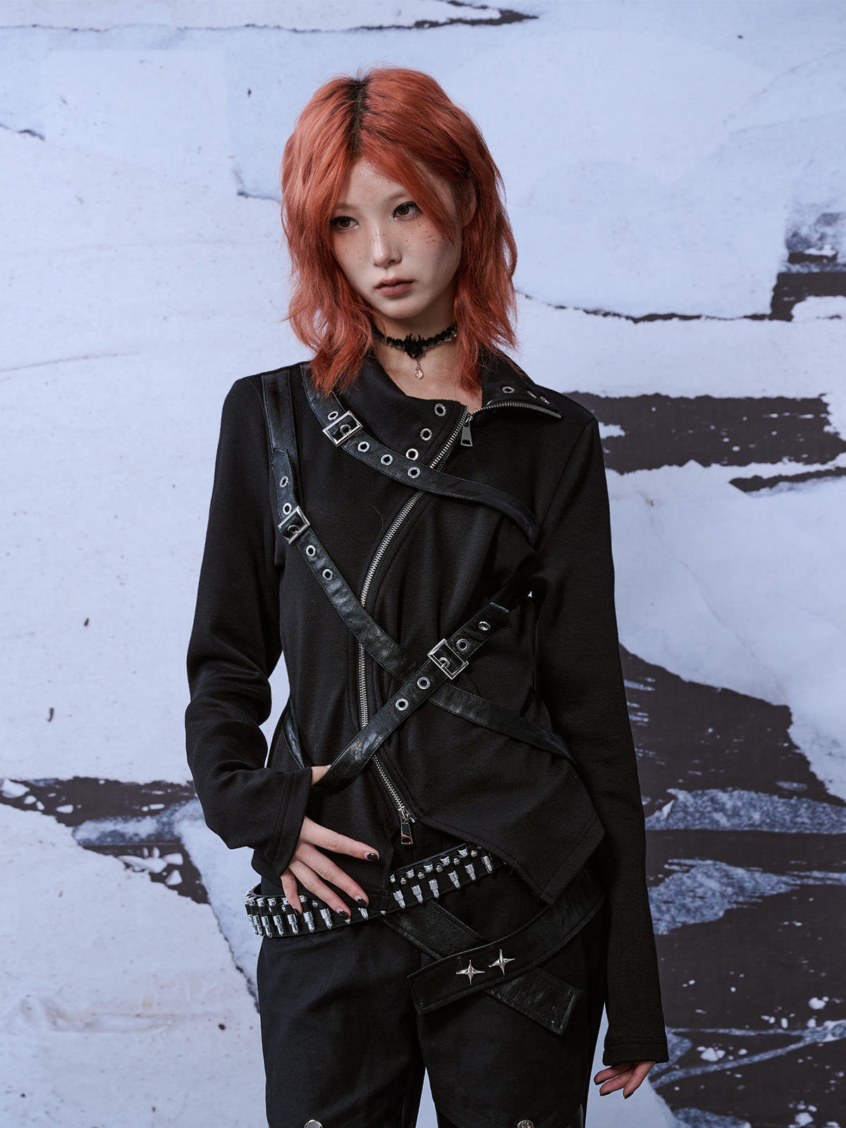 Punk Niche Subculture Turtleneck Metal Long Sleeve Knit Jacket FRU0037