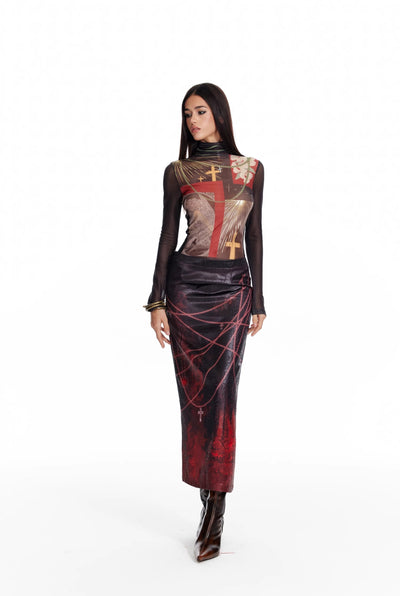 Flame Oil Painting Print Medium-length Straight Skirt 4MU0087