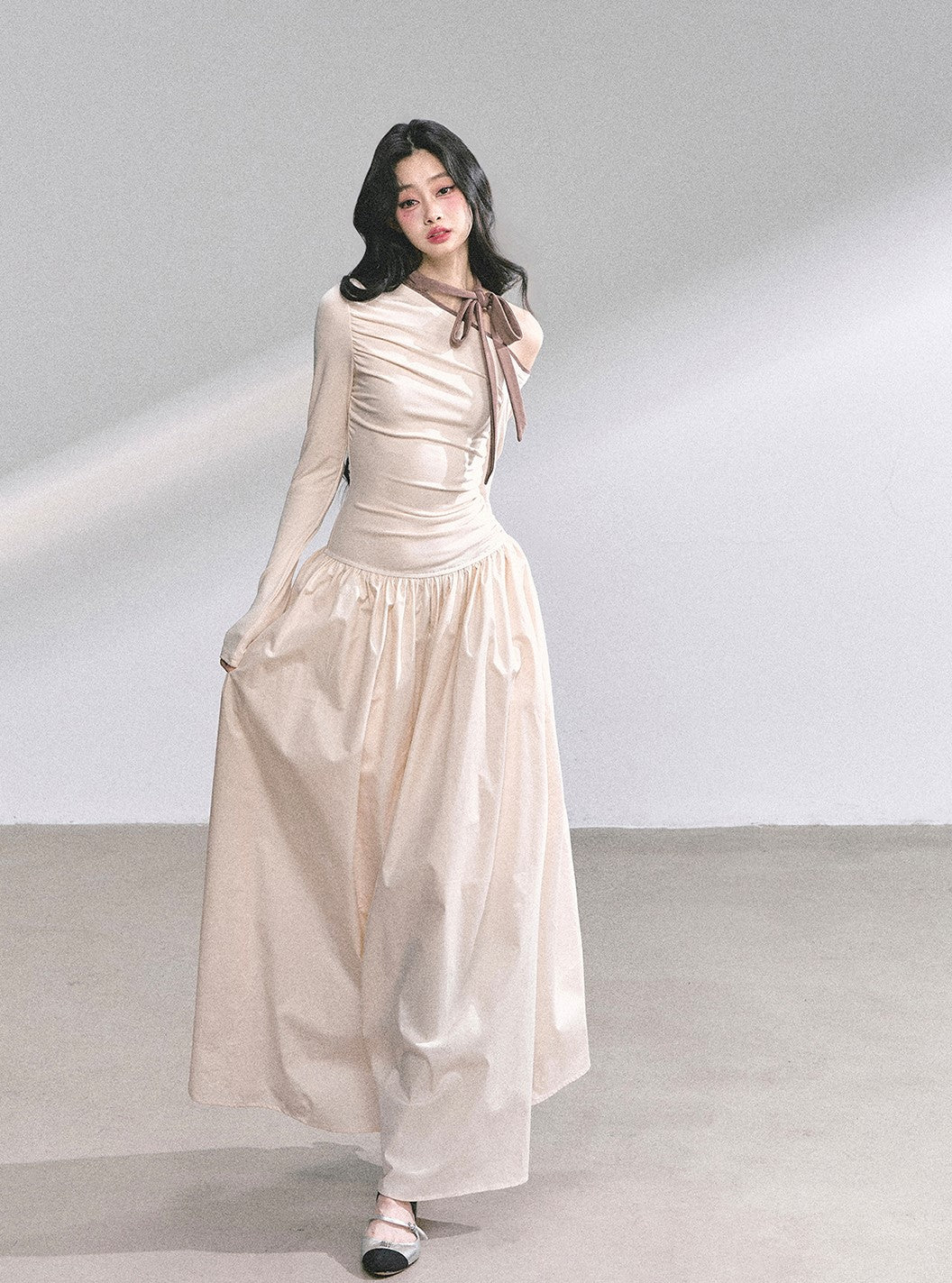 Off-shoulder Waist Slim Bow Dress DIA0574