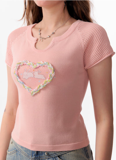 Hollow Three-dimensional Love Rabbit Print Short-sleeved Knit ZIZ0105