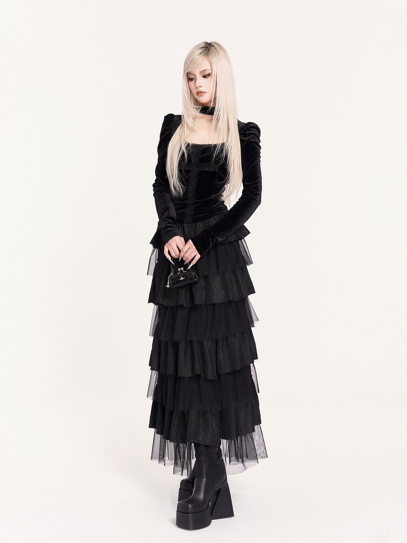 Gothic Lace Patchwork Cross Puff Sleeve Shirt VOC0465