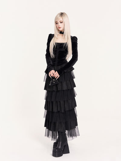 Gothic Lace Patchwork Cross Puff Sleeve Shirt VOC0465