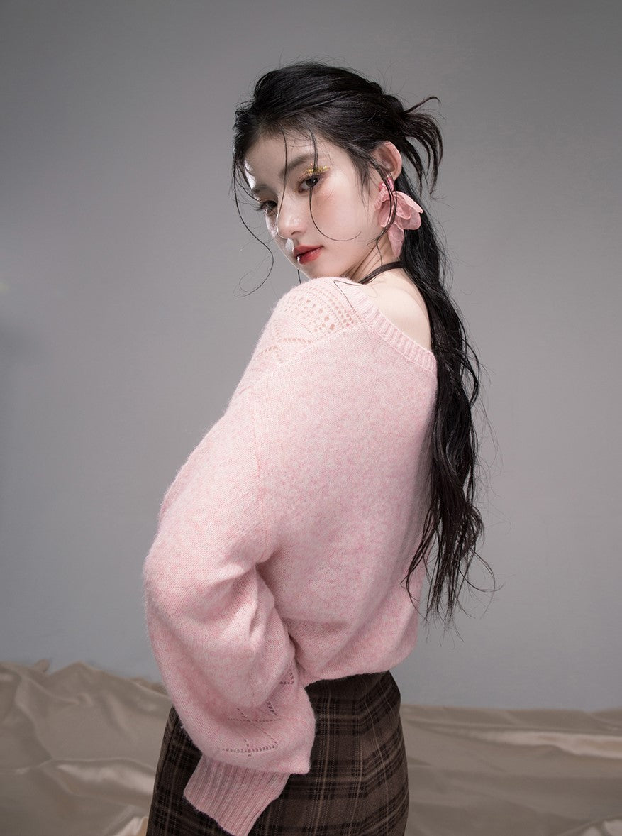 Pink Hollow V-neck Knit+Halter Neck Top COT0345