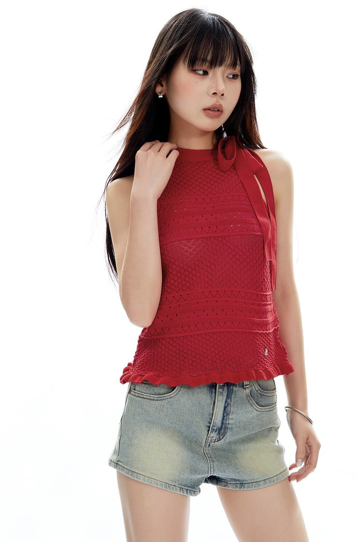 Halter Neck Lace-up Knitted Hollow Back Sleeveless Top APE0311