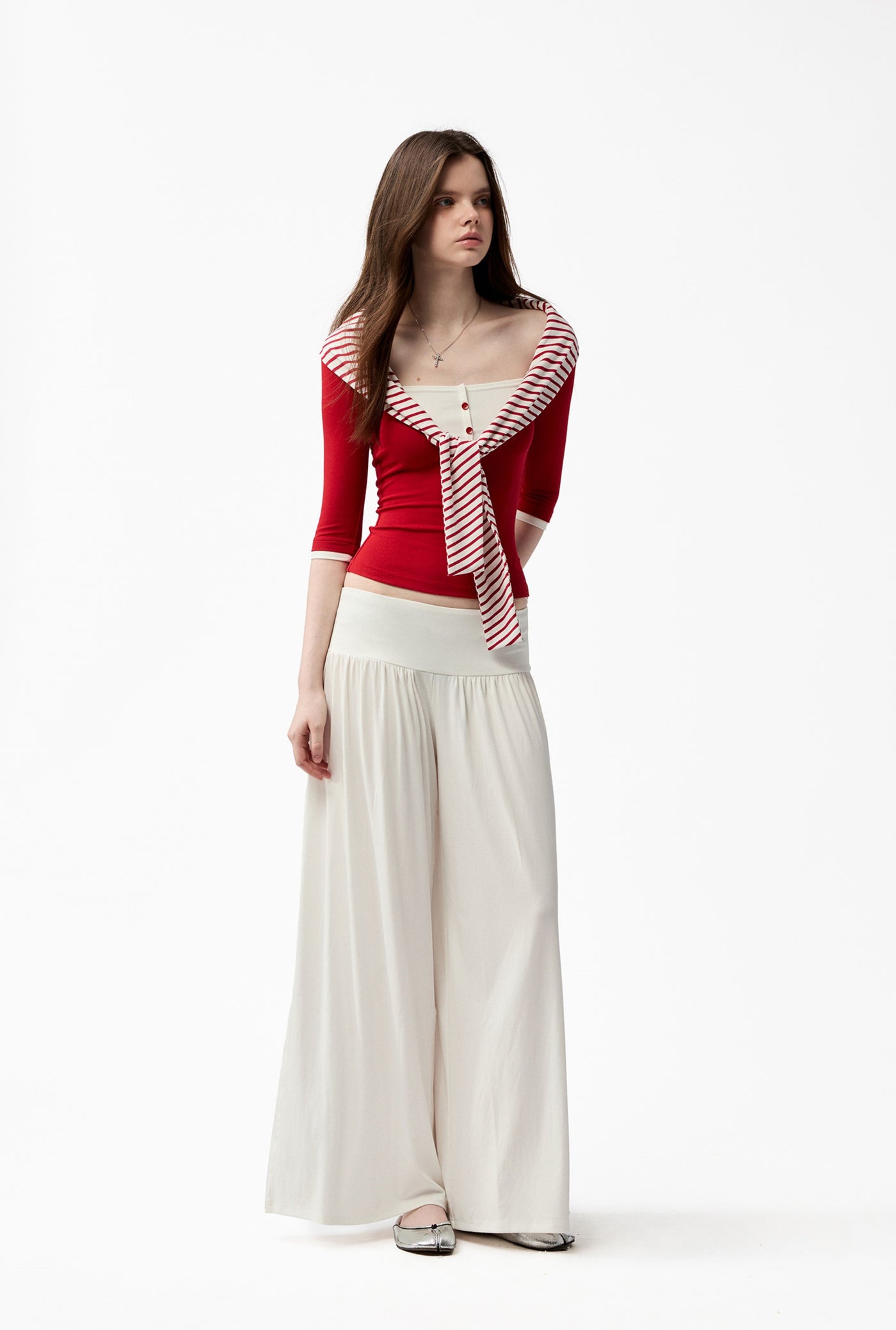 Striped Henley Collar Faux Two-Piece T-shirt 4MU0152