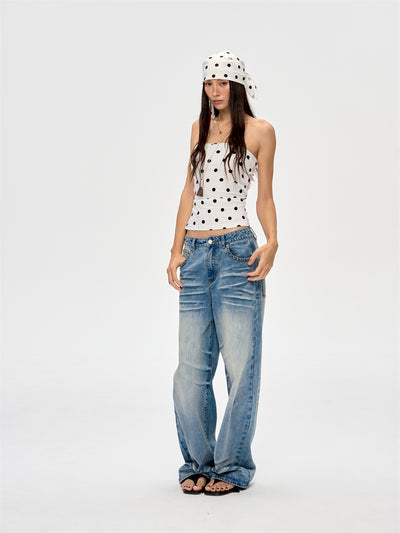 Washed Blue Drape Wide-leg Jeans CUR0216