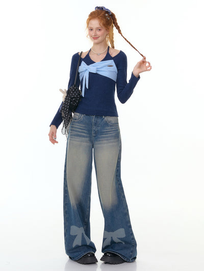 Contrast Color Stitching Bow Tie Sweater ZIZ0300