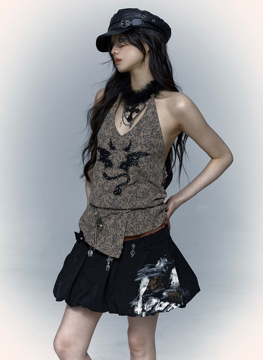 Punk Street Rock Embroidery Leopard Print Halter Vest NOR0067