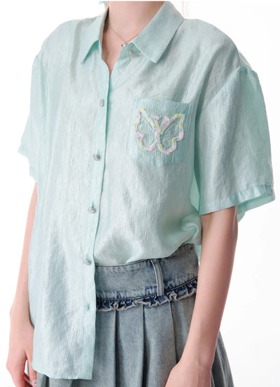 High-end Casual Butterfly Shiny Short-sleeved Shirt ZIZ0128