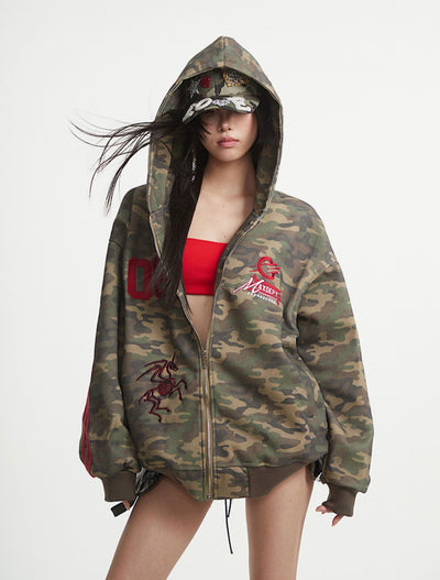 Camouflage Hooded Lazy Zipper Jacket UNC0255