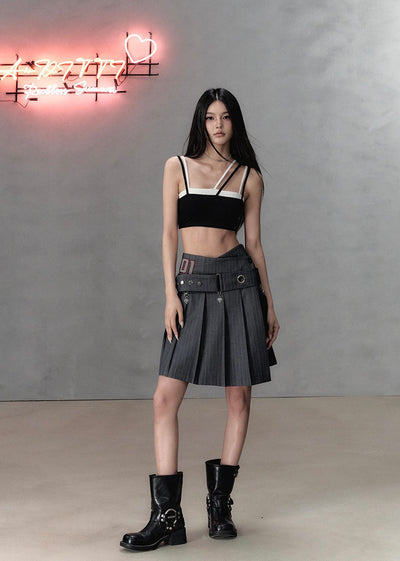 Irregular Waist Pleated A-Line Midi-Length Skirt/Belt VIA0135