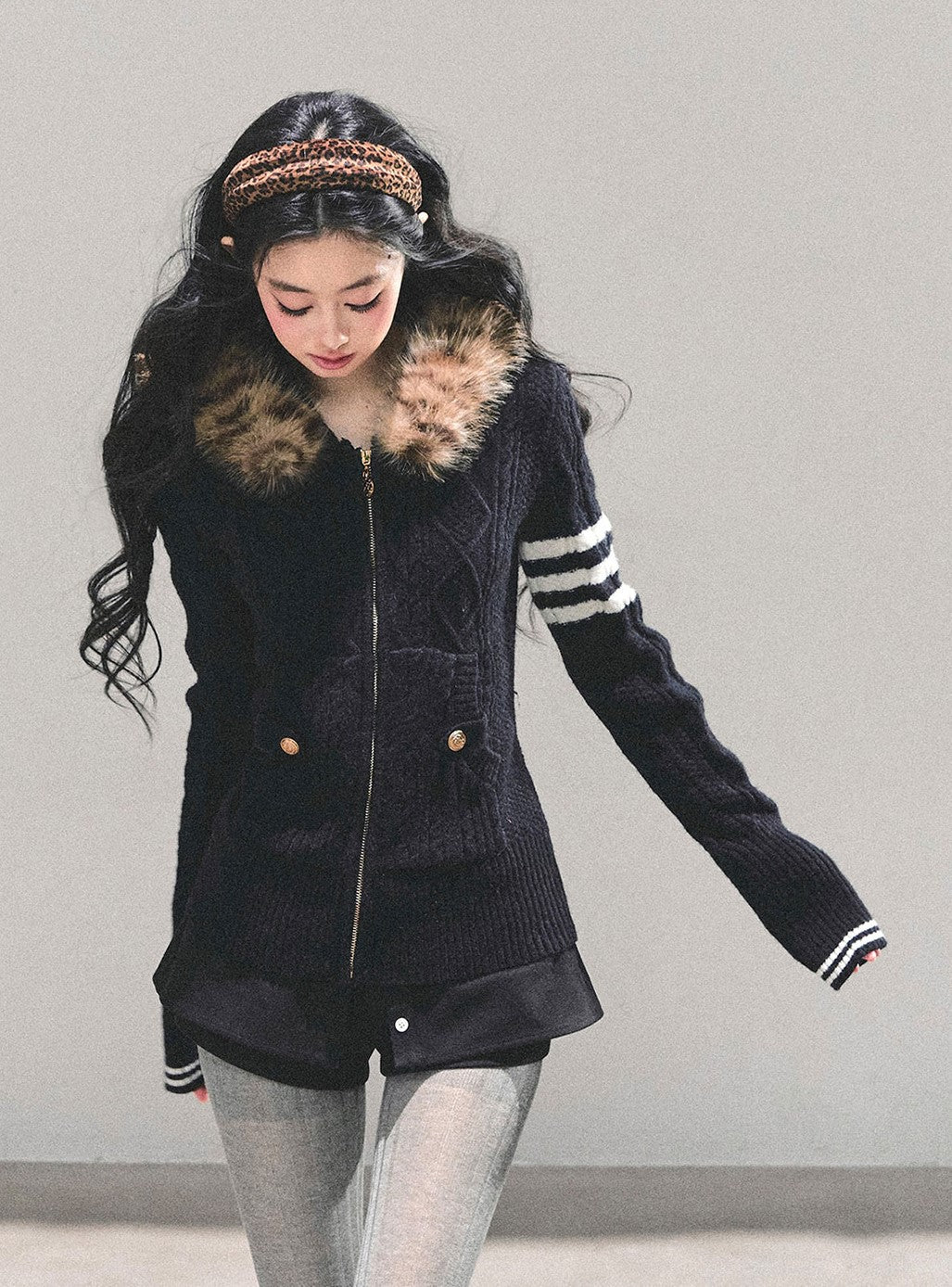 Fur Hooded Knit Cardigan DIA0705