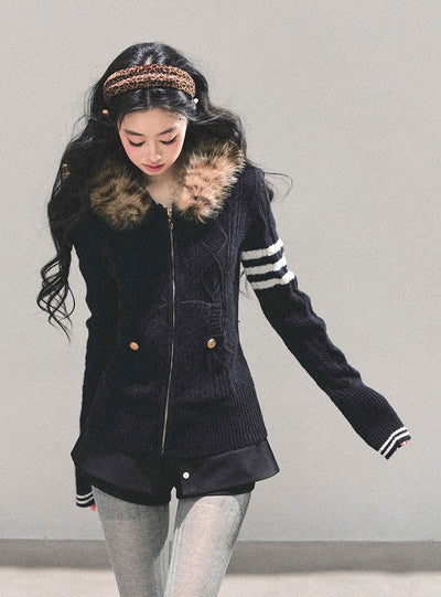 Fur Hooded Knit Cardigan DIA0705