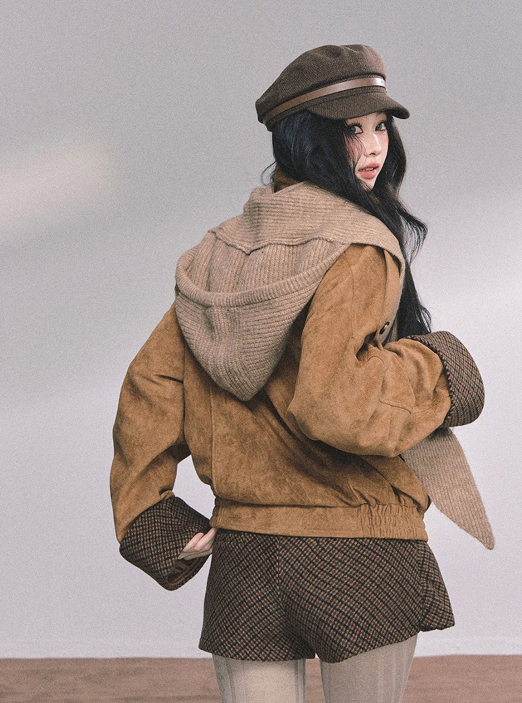 Hazelnut Velvet Suede Jacket/Pleated Skirt DIA0604