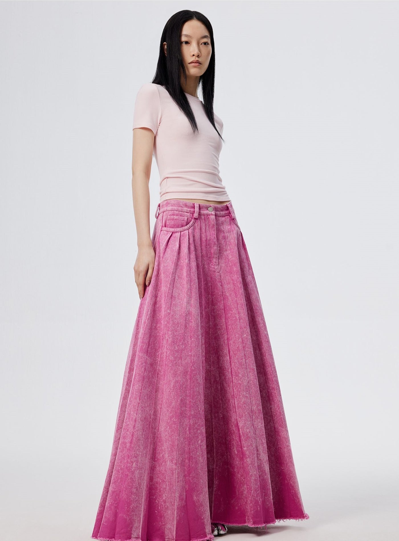 High-end Peach Pink A-line Denim Long Skirt SHO0004