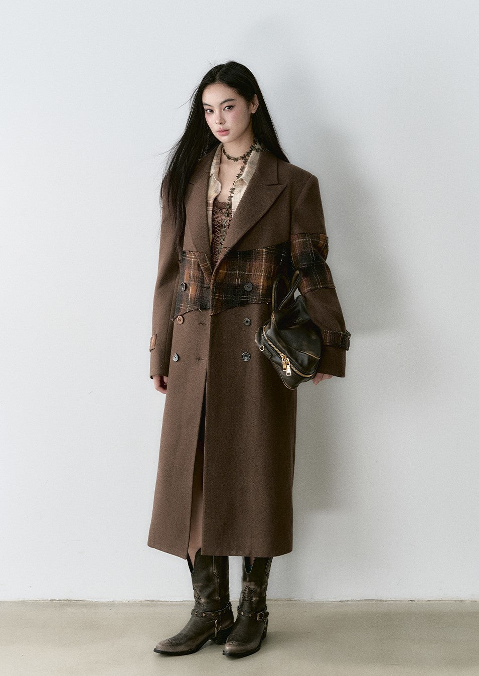 Plaid Stitching Design High-end Wool Long Coat VIA0163