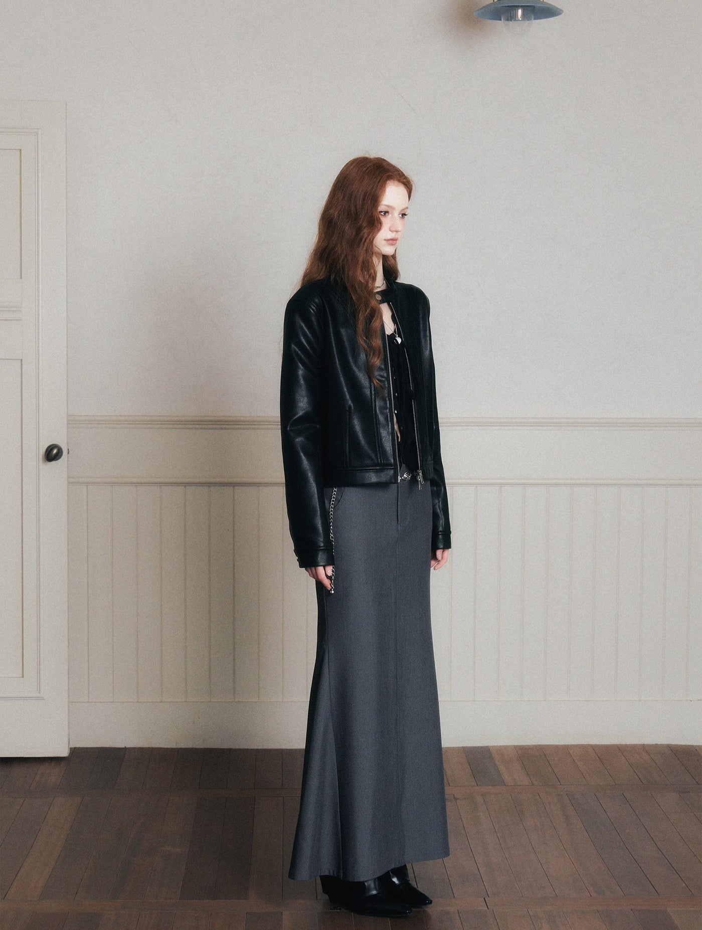 Stand Collar Black Leather Jacket LUL0173