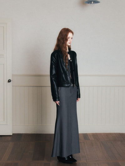 Stand Collar Black Leather Jacket LUL0173