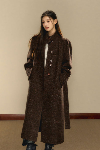 Chocolate Brown Tweed Long Over-the-Knee Wool Coat OSH0103