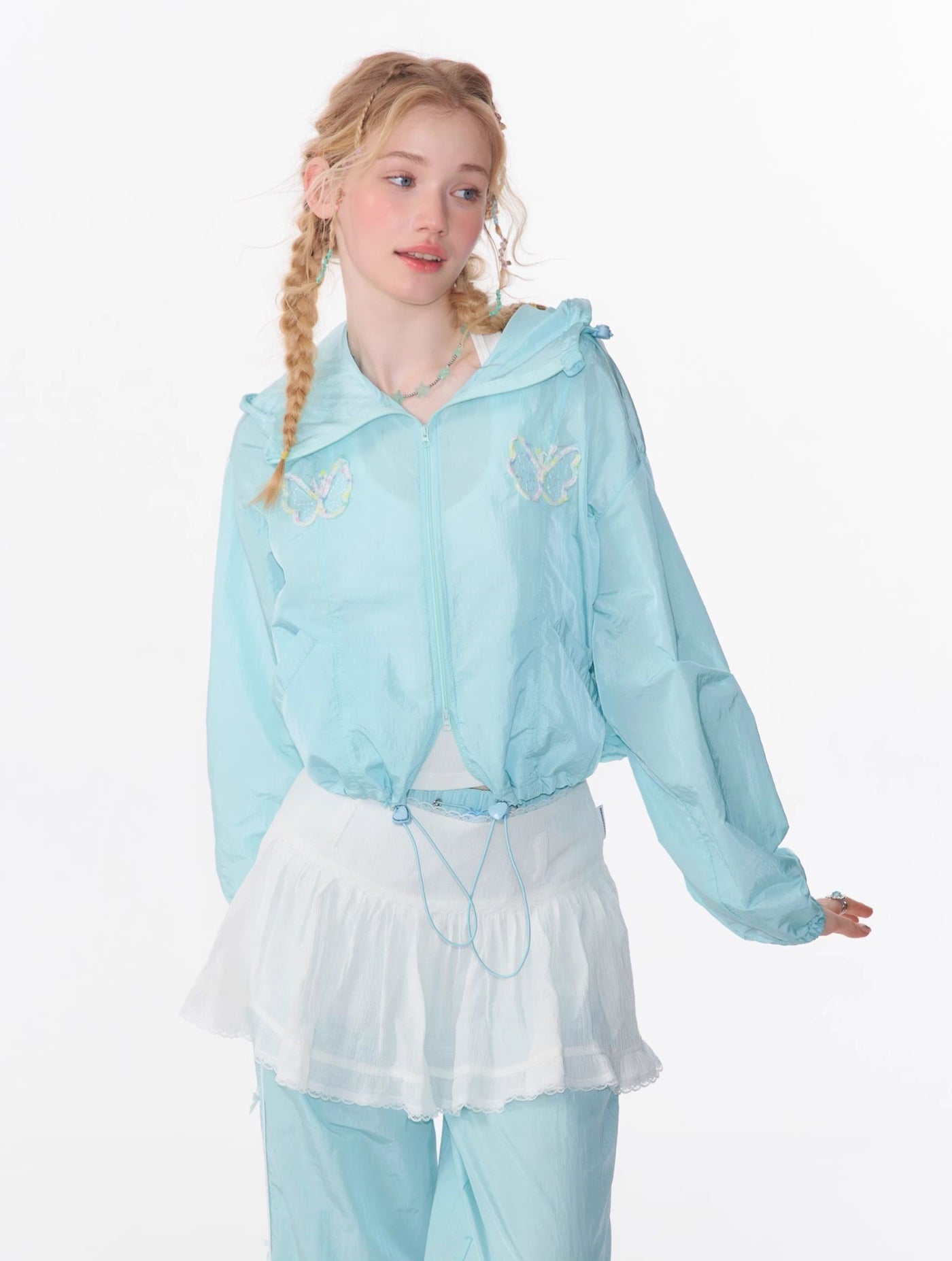 Butterfly Embroidery Long-sleeved Thin Hooded Short Jacket/Skirt/Pants ZIZ0084