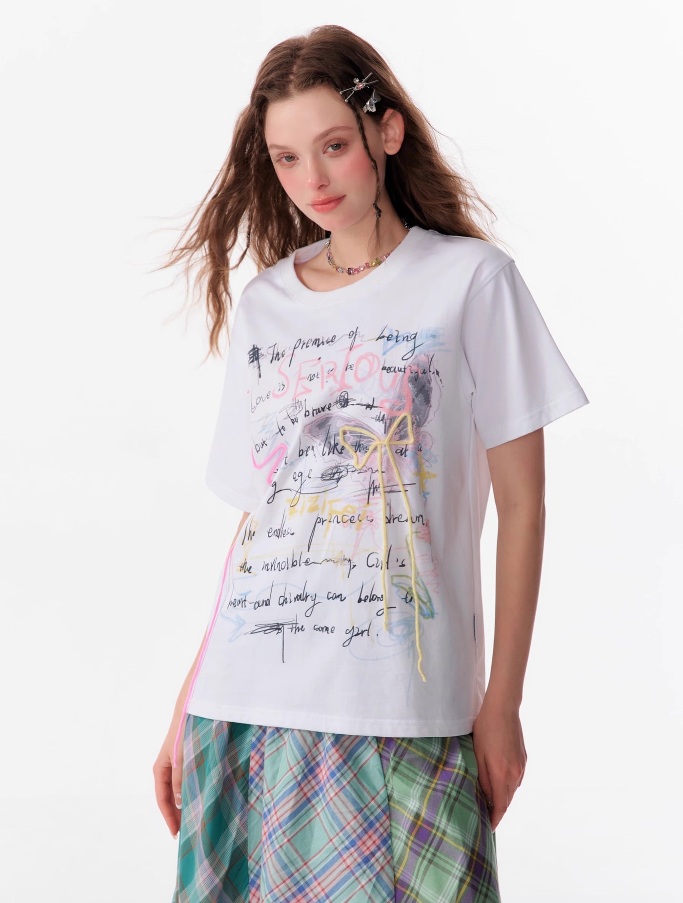 Graffiti Print Loose Bow Short-sleeved T-shirt ZIZ0108