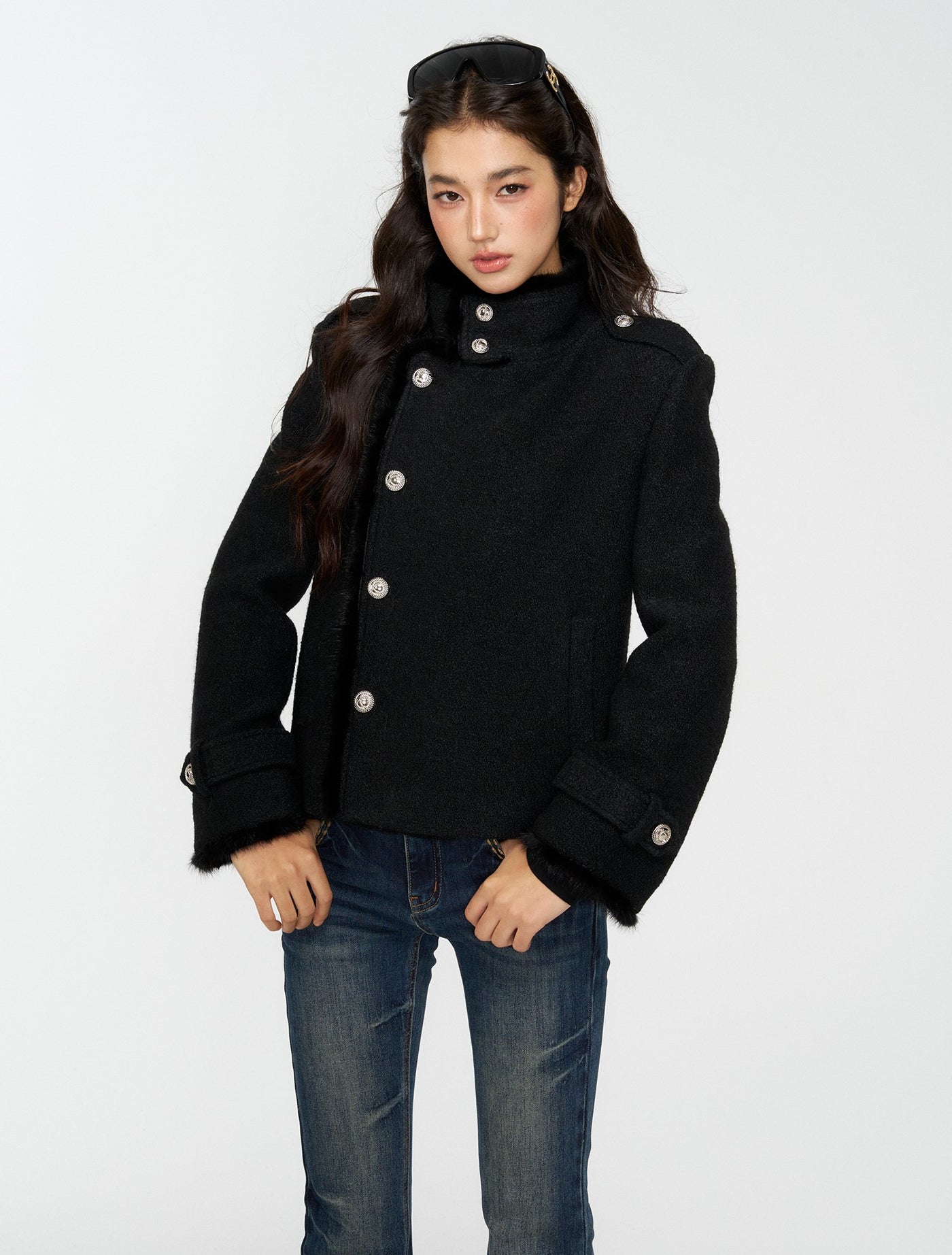 Black Furry High-Neck Short Jacket/Scarf 4MU0165