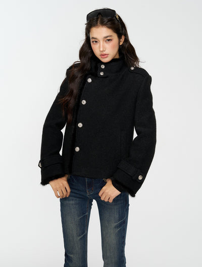 Black Furry High-Neck Short Jacket/Scarf 4MU0165