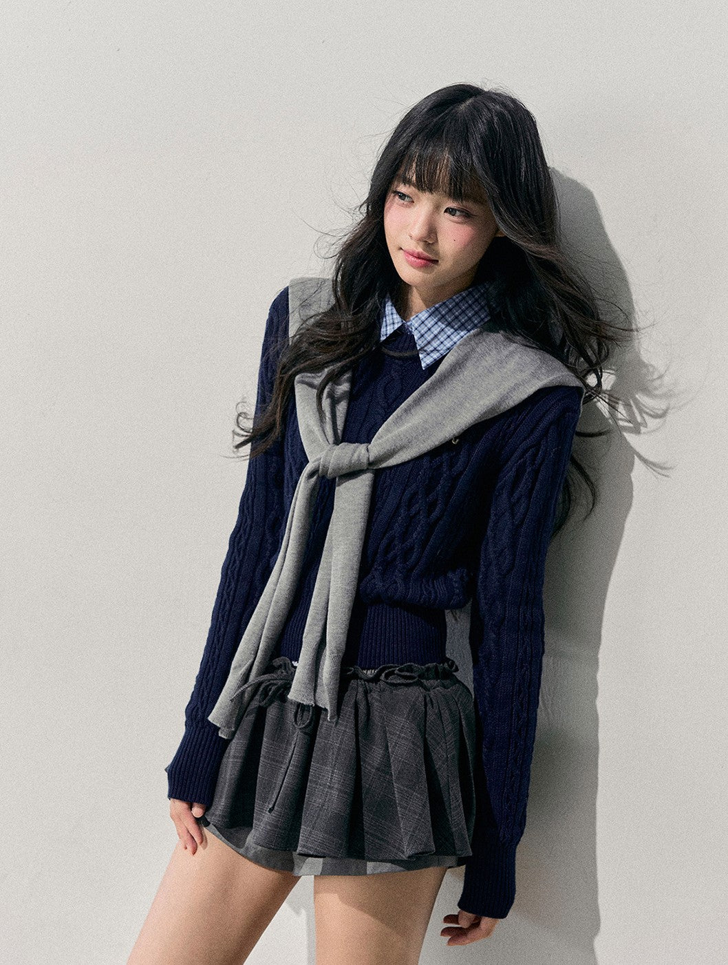 Plaid Collar Cable Knit Sweater DIA0751