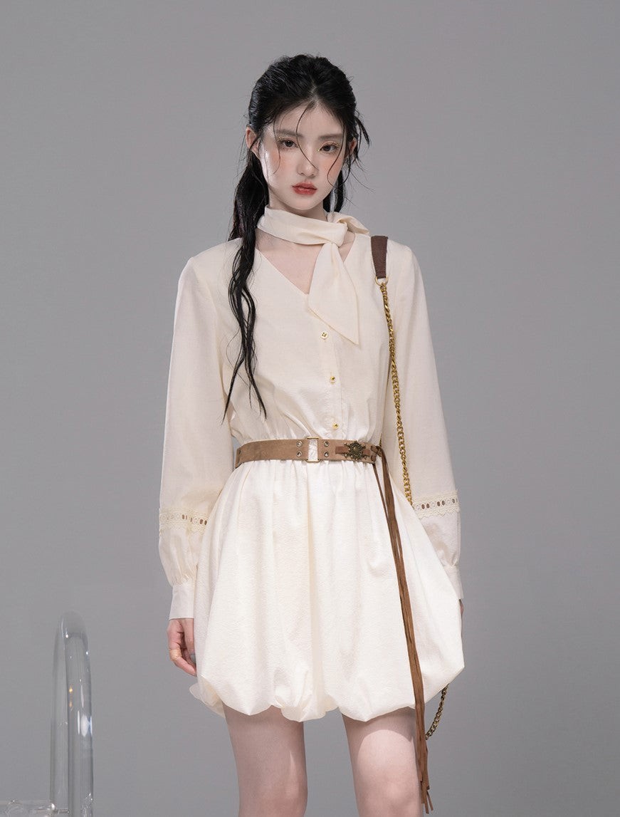 Custard Vest/Lace White Shirt Dress COT0336