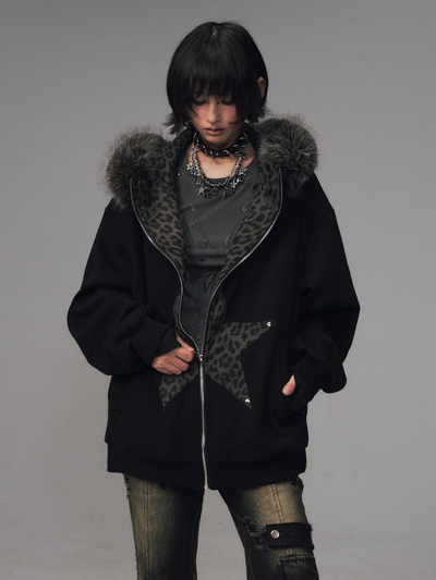 Cat Ear Leopard Print Fur Collar Hooded Jacket FRU0130