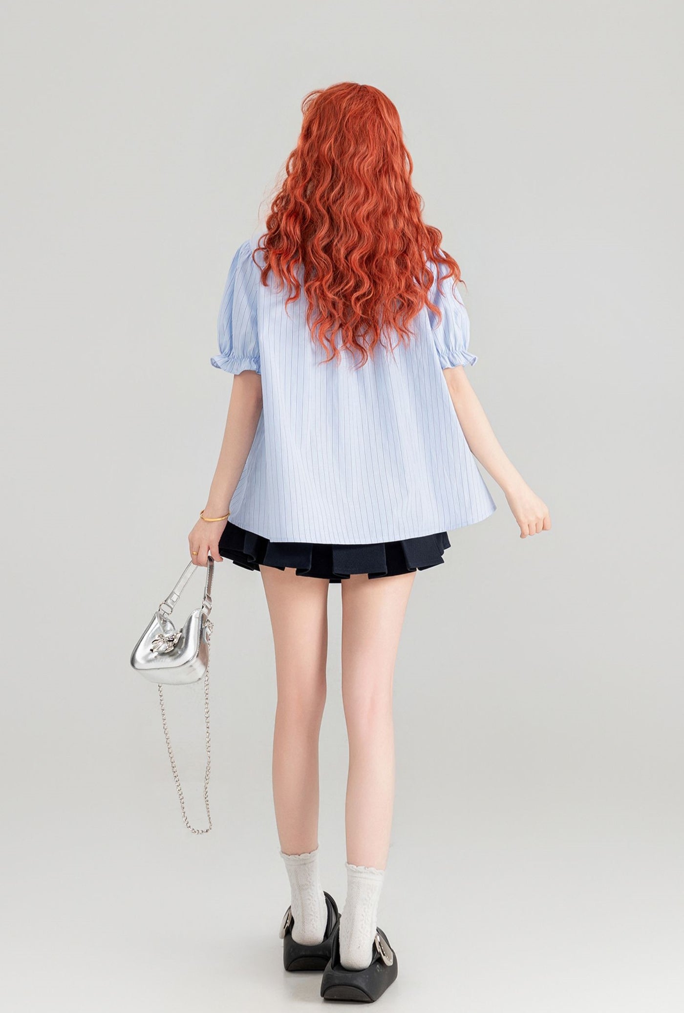 Blue Striped Puff Short-sleeved Shirt/Skirt KEI0090