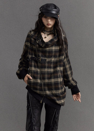 Retro Street Punk Lazy Style Pile Collar Plaid Asymmetric Jacket NOR0110