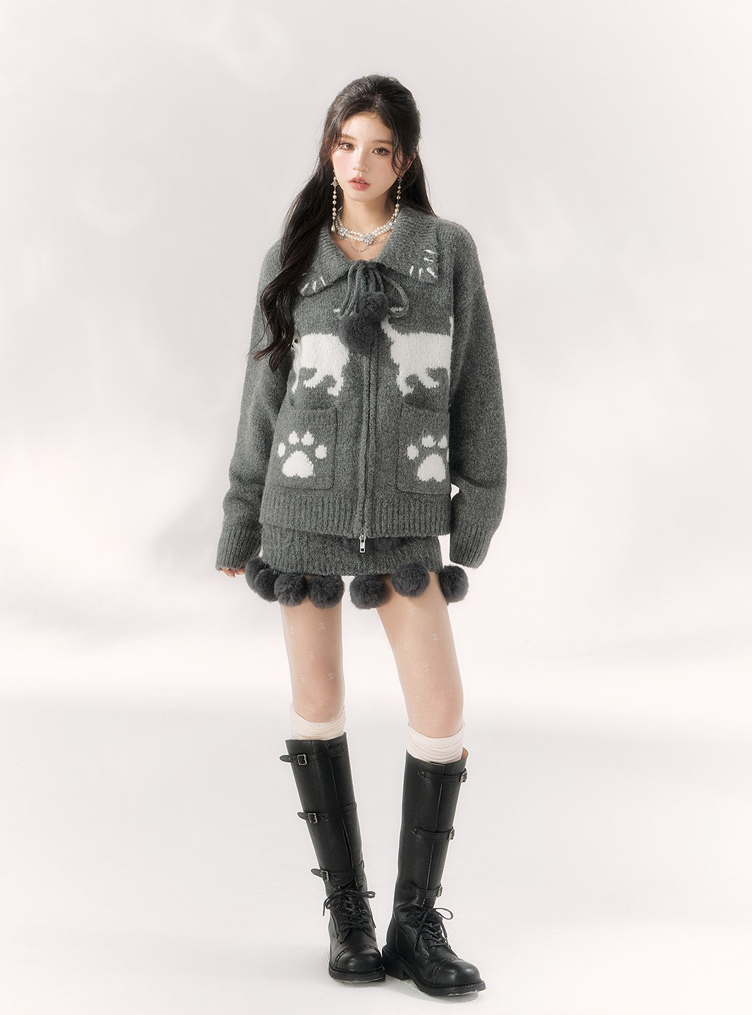 Cat Designe Ball Decorated Sweater Cardigan/Skirt BBB0100