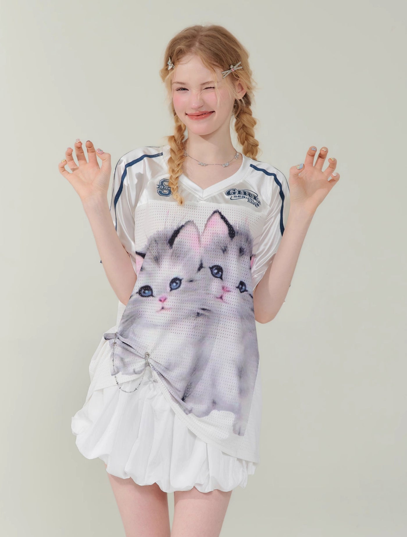 Cat Print Loose V-neck Quick-drying Short-sleeved T-shirt ZIZ0144