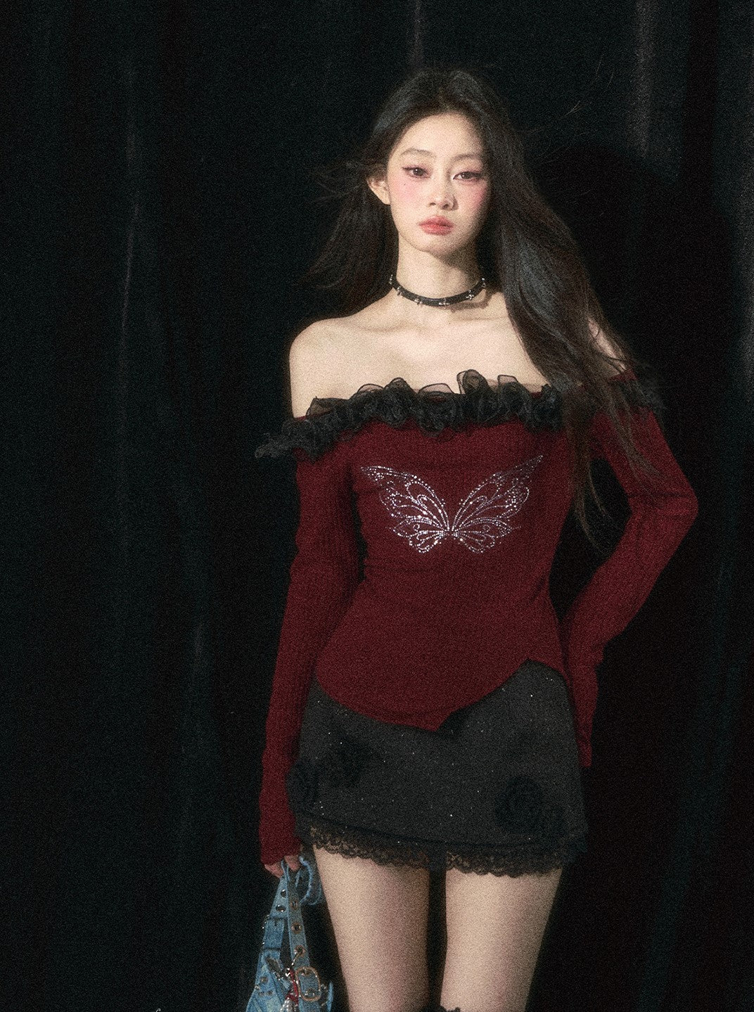 Butterfly Design One-shoulder Lace Long-sleeved Slim T-shirt DIA0260