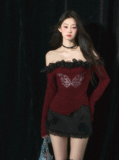 Butterfly Design One-shoulder Lace Long-sleeved Slim T-shirt DIA0260