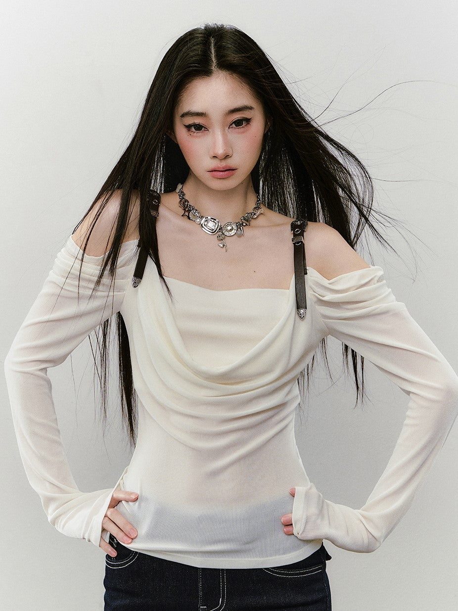Leather Shoulder Strap Long-sleeved T-shirt VIA0336