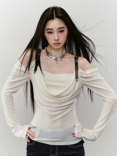Leather Shoulder Strap Long-sleeved T-shirt VIA0336