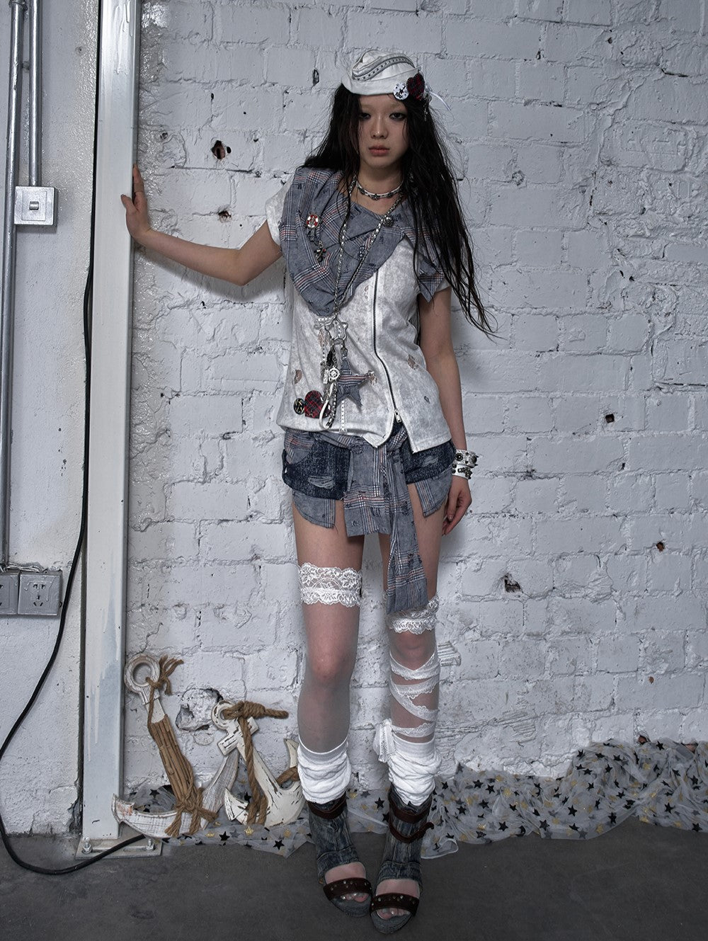 Punk Plaid Scarf Fake Two-piece T-shirt NOR0183