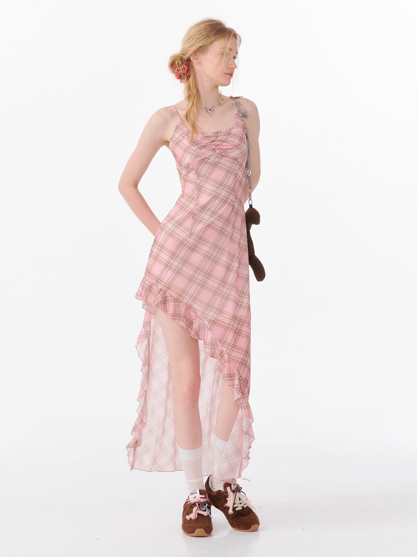 Irregular Waist Plaid Pink Long Suspender Dress ZIZ0086