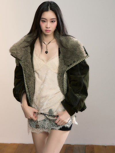 Velvet Denim Large Fur Collar Jacket VIA0362