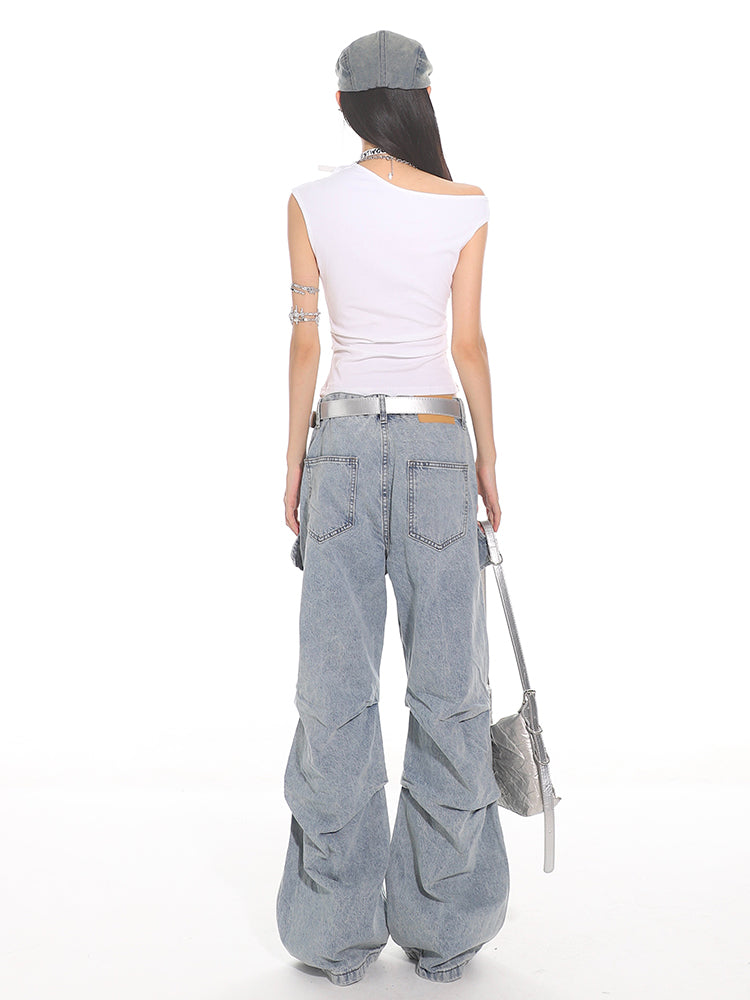 High-end Washed Blue Pleated Wide-leg Jeans UNC0116