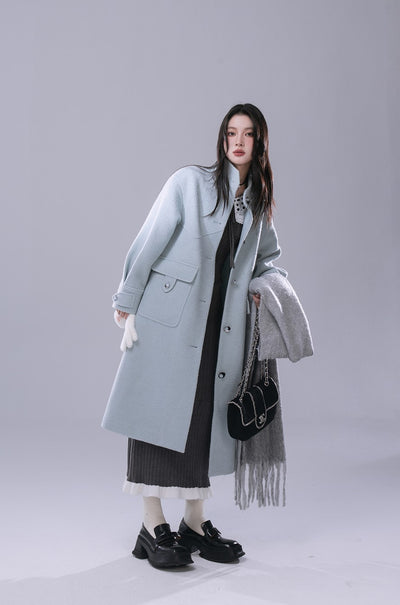 Skyblue Stand Collar Wool Long Coat COT0168