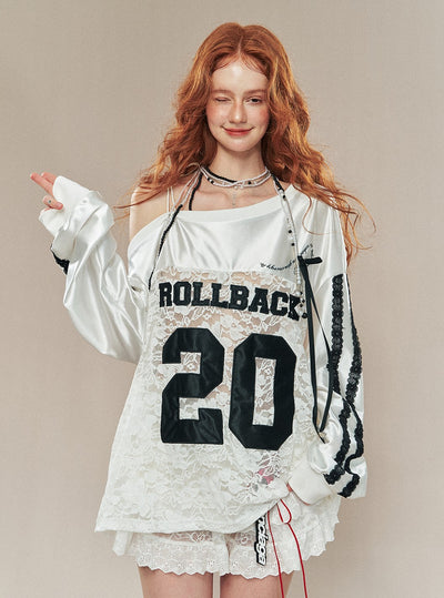 American Baseball Lace Lazy Hollow Embroidery Loose Off-shoulder Jersey Top DIA0205