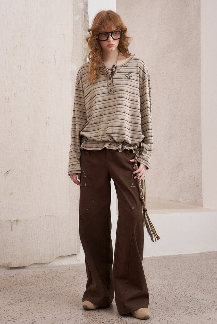 Brown Striped Loose Bird Embroidered T-shirt DID0221
