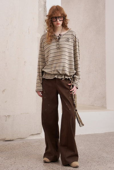 Brown Striped Loose Bird Embroidered T-shirt DID0221