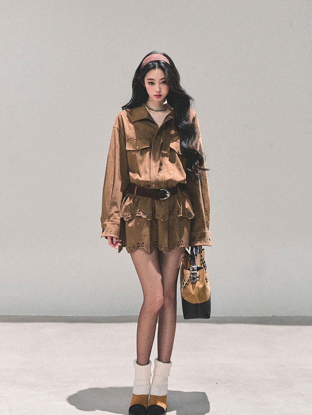 Faux Two-Piece Suede Shirt Dress DIA0680