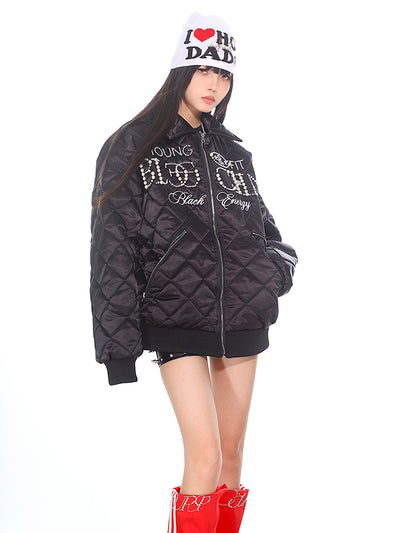 National Trend Pearl Letter Diamond Quilted Jacket UNC0179